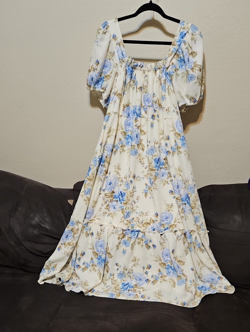 Women's Linen Blend Cream Maxi Dress with Blue Floral Print